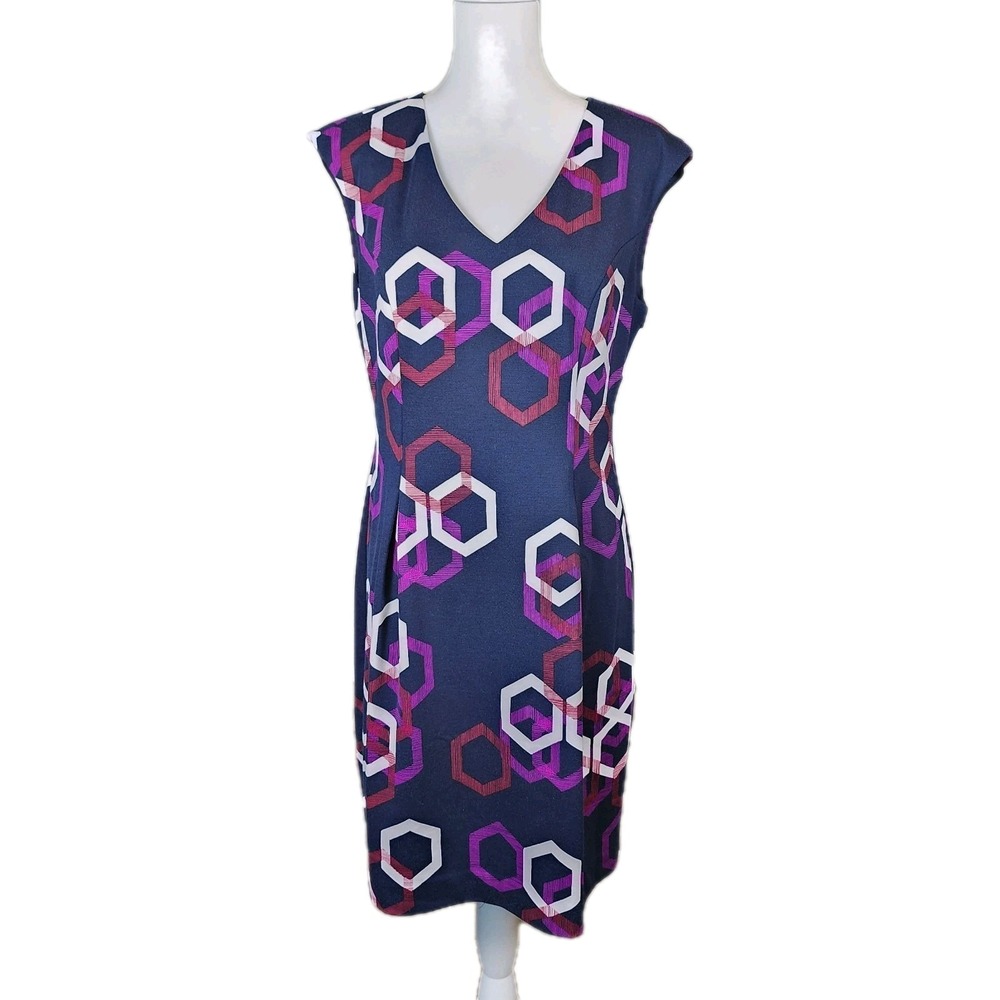 Trina Turk Sheath Dress Womens 8 Navy Purple White Geometric Stretch Casual Work